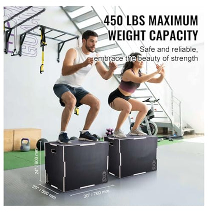 Plyometric Jump Box, 30/24/20 Inch Wooden Plyo Box - Adjustable Height Fitness Platform for Strength Training, Agility & Conditioning - Home Gym Equipment - Black