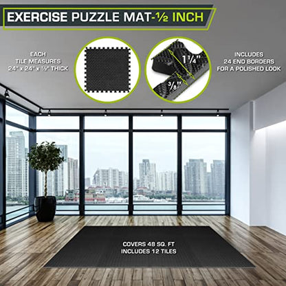 ProsourceFit Exercise Puzzle Mat ½-inch, EVA Interlocking Foam Floor Tiles for Home Gym, Workout Equipment, Kids Play Areas, Black, 48 SQ FT - 12 Tiles