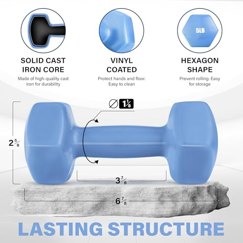 Yes4All Vinyl Hexagon Dumbbell - Dumbbells Set of 2 Hand Weights for Home Gym & Strength Training (2-15 lbs Weight Options) - color: C. 5 lbs - Little Boy Blue - Pair