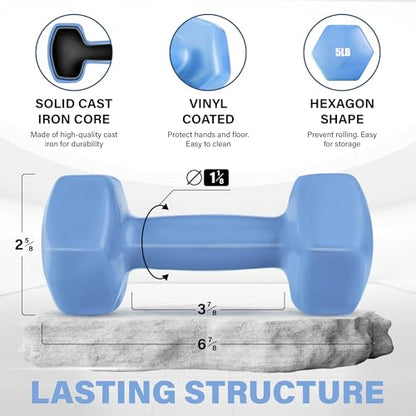 Yes4All Vinyl Hexagon Dumbbell - Dumbbells Set of 2 Hand Weights for Home Gym & Strength Training (2-15 lbs Weight Options) - color: C. 5 lbs - Little Boy Blue - Pair