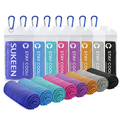 Sukeen Cooling Towels 8 Pack (40"x 12"), Cooling Towels for Neck and Face, Microfiber Breathable Towel for Hot Weather, Sweat Towel for Gym, Sport, Yoga, Golf, Workout, Camping, Running - color: Dark Blue+blue+lake Blue+pink+purple+orange+grey+black