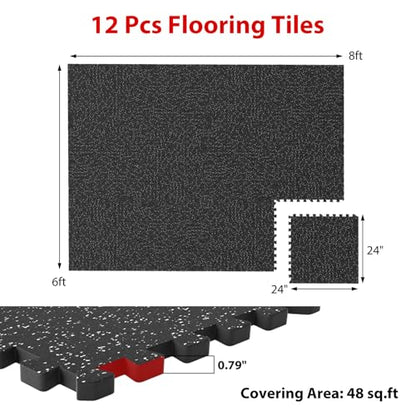 Giantex 12-Pack Interlocking Rubber Gym Floor Mats, 0.79'' Thick 24''x24'' Puzzle Tiles with Border Strips, 48 sq.ft Anti-Slip, Noise-Reducing Flooring for Home Workout Exercise (Black/Gray Speckled) - size: 0.79'' | 12 Tiles | 48 Sq Ft
