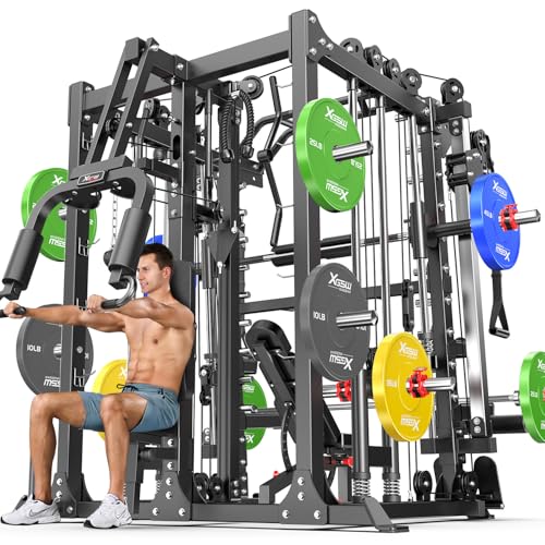 XGSW Smith Machine Home Gym, Multi-Function Power Cage with Dual Pulley Cable Crossover System,Squat Rack for Full-Body Workouts - color: L07, size: Black---Smith Machine+bench+(pole+Color BP)260LBS