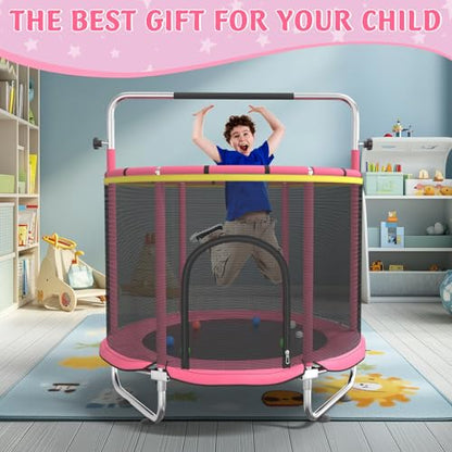 Trampoline for Kids, 55" Indoor & Outdoor Toddler Trampoline, Anti-Rollover Bottom Kids Toys with Adjustable Gymnastics Bars, Toddler Swing, Basketball Hoop