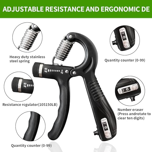 Hand Grip Strengthener, Grip Strength Trainer, 22-132 Lbs Adjustable Resistance Forearm Exerciser Workout for Rehabilitation Athletes Climbers Musicians - color: black 7 Pack