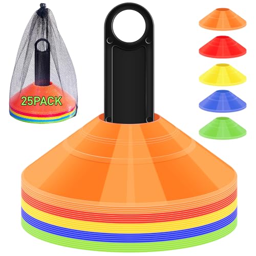 CasaCulina 25 Pack Soccer Training Cones, Agility Disc Sports Cones with Carry Bag and Holder, Plastic Football Cones for Drills, Sports Training, Basketball, Coaching, Practice Equipment, 5 Color