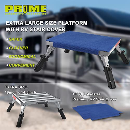 PR1ME Safety RV Steps, 19" x 14.5" Extra Large RV Step Stool with Glow, Camper Step Stool, Non-Slip Folding Step Stool and Ladder for RV, with 100% Polyester Step Rug RV Stair Cover, Up to 600lbs - size: Extra Large Size with Step Rug