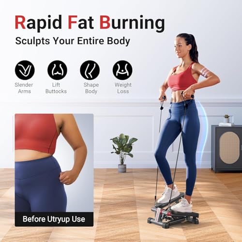 Mini Stepper for Home Exercise, Compact Hydraulic Stair Stepper with Resistance Bands, Quiet Fitness Machine with LCD Monitor, 300 lbs Weight Capacity (MR-2433)