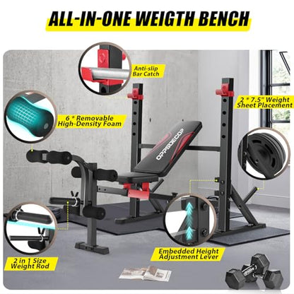 OPPSDECOR 900LBS Weight Bench Set with Squat Rack Foldable Bench Press Set with Leg Extension & Leg Curl Professional Flat/Incline/Decline Workout Bench for Home Gym Full Body Exercise