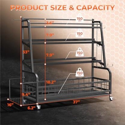 4-Tier Dumbbell Rack Weight Stand - Adjustable Weight Rack,Home Gym Storage for Dumbbells Kettlebells Yoga Mat and Balls, All in One Workout Storage with Wheels and Hooks,Powder Coated Finish Steel