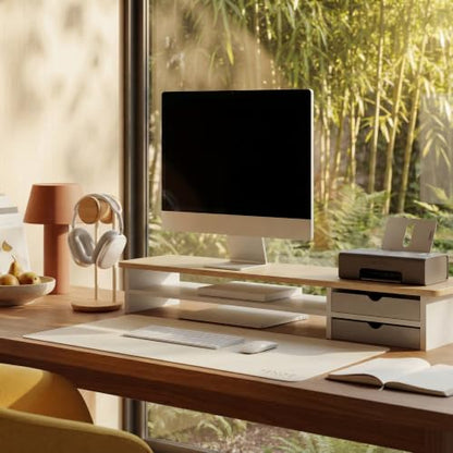 Fenge Monitor Stand, Desk Computer Riser with Frosted Storage Drawer, Oak - color: Oak