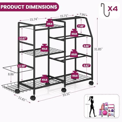 Dumbbell Rack, Weight Rack for Home Gym, Yoga Mat Storage Rack, Exercise Equipment Storage with Wheels and Hooks, Home Gym Equipment Organizer for Kettlebells