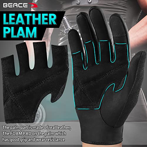 BEACE Full Finger Weight Lifting Gym Gloves with Anti-Slip Leather Palm for Workout Exercise Training Fitness and Bodybuilding for Men & Women - size: Large