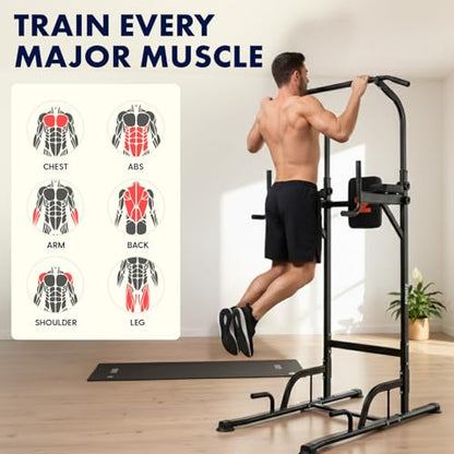 Power Tower Pull Up Station with Free Standing Pull Up Bar, Multi-Grip Workout Frame with 6 Adjustable Heights, H-Base Stability, Steel Construction, 330 lb Capacity for Home Gym, Black