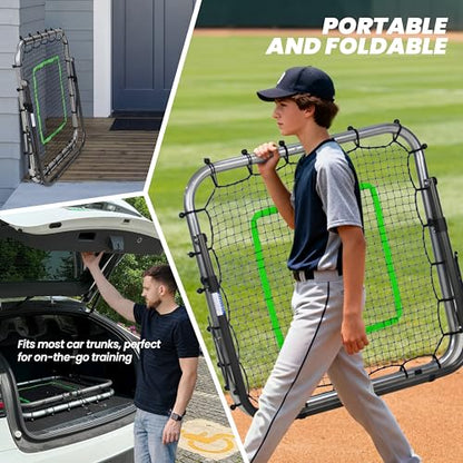 Portable Pro Rebounder Baseball Softball 3' x 3' Foldable Heavy Duty Pitch Back Bounce Trainer Adjustable Dual Rebound Modes (Predictable and Random)