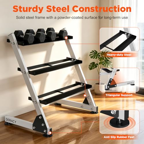 DERACY Dumbbell Rack, 3-Tier Dumbbell Weight Rack for Home Gym, Dumbbell Set Organizer for Dumbbell Kettlebell Barbell, Heavy Duty Weight Storage Rack, Dumbbell Stand Only