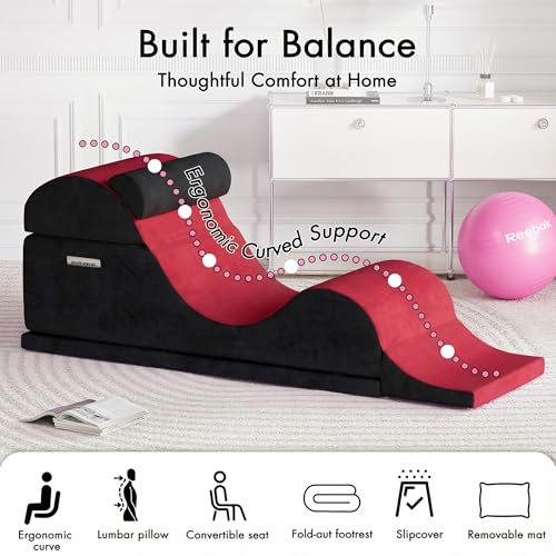 Convertible Yoga Chair for Adults, Ergonomic Foam Lounge with Lumbar Pillow, Washable Cover, Side Pocket, No Assembly Needed – Great for Exercise, Stretching & Relaxation Black + Red - color: Black + Red