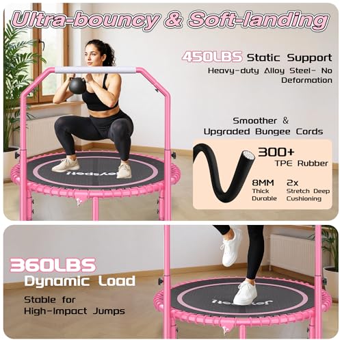 450 LBS Foldable Mini Trampoline for Adults with Adjustable Handle, 40" Indoor Rebounder with Quiet Bungee System, Compact Fitness Trampoline with Cordless Jump Ropes for Home Workout Exercise