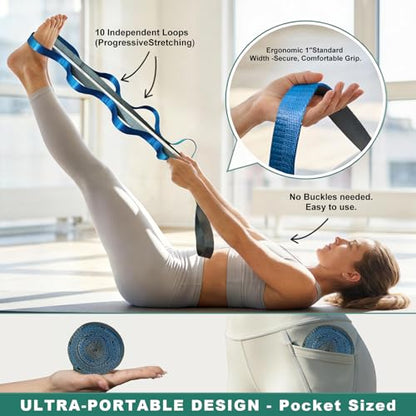 Stretching Strap with Loops,Non-Elastic Yoga Strap for Physical Therapy,Knee Replacement Recovery & Plantar Fasciitis,Leg Stretcher Band for Flexibility & Hamstring Rehab - color: Blue