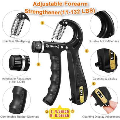 Grip Strength Trainer with Hand Grip Strengthener, Finger Exerciser, Hand Extension Exerciser and Forearm Workout Ring for Muscle Building and Injury Recovery for Athletes