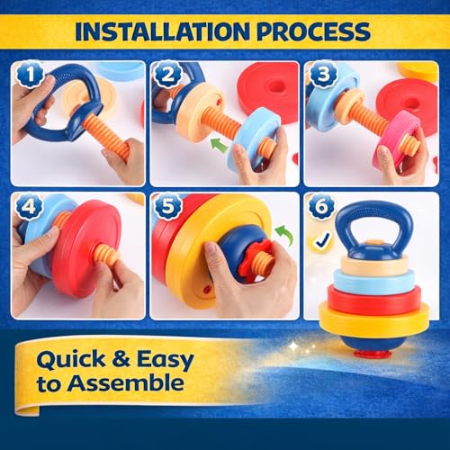 Kids Exercise Weight Set - 3-in-1 Adjustable Workout Toy Equipment for Children Pretend Play Exercise - Toddler Beginner Gym, Fitness, Weightlifting and Powerlifting (Dumbbell, Barbell, Kettlebell)