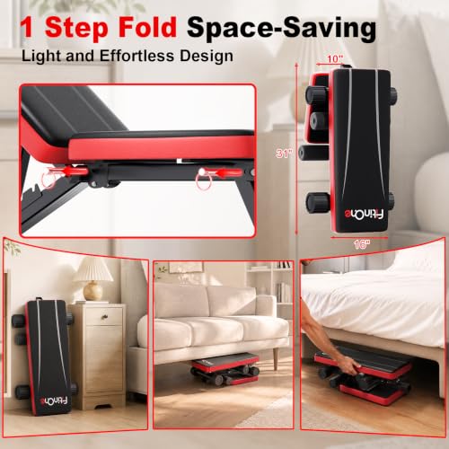 FitinOne Adjustable Folding Weight Bench for Home Gym, 660 lbs Capacity Multi-Functional Workout Bench Sturdy Durable for Full Body - color: Black-Red