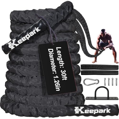 Battle Ropes for Home Gym Exercise: 1.26 Inch Diameter 30FT Length Workout Rope Exercise Rope Training Ropes with Protective Sleeve for Kids Men Women Exercise Fitness & Strength Training - style: 1.26IN-30FT
