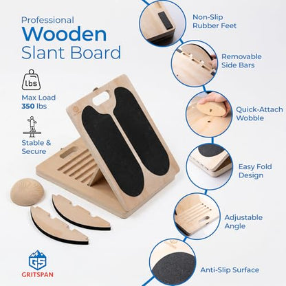 3-in-1 Slant Board for Calf Stretching, 180°/360° Adjustable Balance Board & Wobble Board with Training Poster, Squat Wedge, 5 Angle Wooden Incline Board, Physical Therapy, Home Gym Fitness