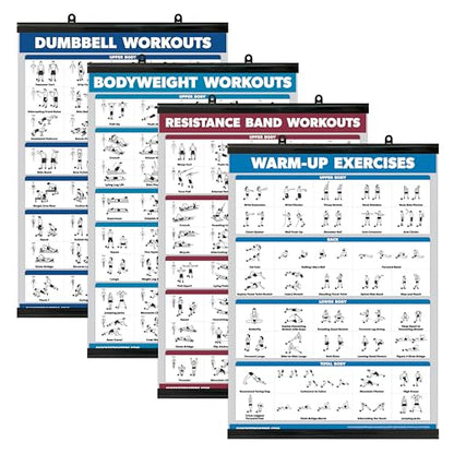 Palace Learning 4 Pack - Dumbbell Workouts + Bodyweight Exercises + Resistance Bands Workouts + Warm Up Exercises - Set of 4 Workout Charts (LAMINATED WITH PLASTIC FRAME, 18” x 24”) - color: LAMINATED WITH PLASTIC FRAME