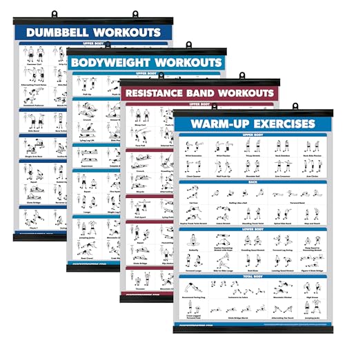 Palace Learning 4 Pack - Dumbbell Workouts + Bodyweight Exercises + Resistance Bands Workouts + Warm Up Exercises - Set of 4 Workout Charts (LAMINATED WITH PLASTIC FRAME, 18” x 24”) - color: LAMINATED WITH PLASTIC FRAME