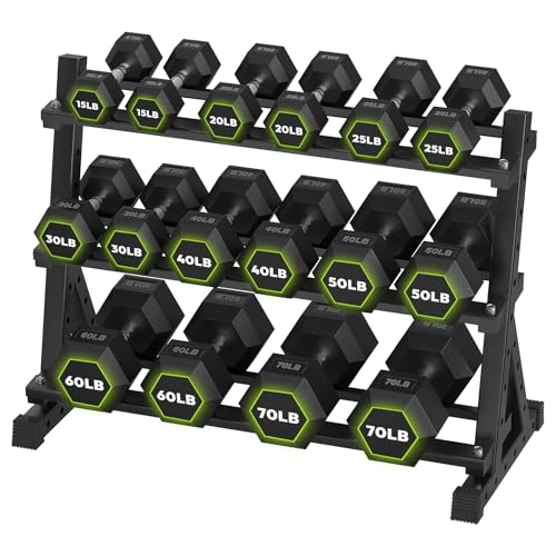 HANDBODE Hex Dumbbell Set with Rack, 300-840 lb Rubber Coated Fixed Weights Sets with Heavy Duty Storage Stand, Hexagon Shape, Multiple Weight Options Home Gym Equipment for Strength Training - style: 620 lb Set (15-70 lb) with Rack
