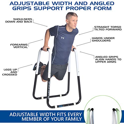 Ultimate Body Press Dip Bar Fitness Station - Adjustable Width Folding Dip Stand with Angled Grips, Stable Leveling and Easy Storage