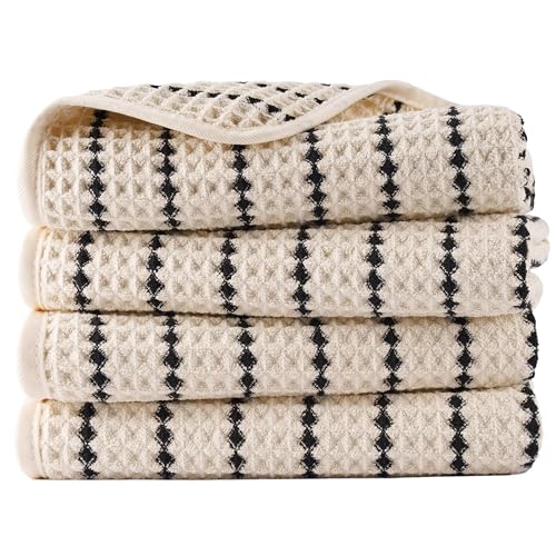 POLYTE 430 GSM Poly Blend Microfiber Quick Dry Waffle Hand Towel, 16x30 in - color: Light Beige/Black