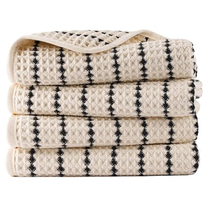 POLYTE 430 GSM Poly Blend Microfiber Quick Dry Waffle Hand Towel, 16x30 in - color: Light Beige/Black
