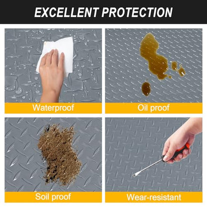4x6FT Garage Floor Mat, 2.8mm Thickened Flooring Roll for Under Car, Golf Cart Parking Mat, Diamond Plate PVC Rubber Motorcycle Mat, Non-Slip Floor Protector for Garage Warehouse Trailer, Grey
