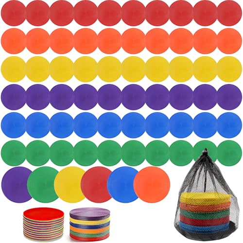 60 Pack Poly Spot Markers with Bag,6 Inch Non-Slip Rubber Floor Dots for PE Gym Classes, Classroom Games, Soccer & Basketball Agility Training,Bright Color Agility Markers