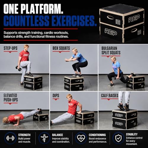 Rep Wooden Plyo Box | Stackable Jump Platforms for Home Gym Workouts | Multiple Height Options from 4, 6.8 and 12" Exercise Step Up Boxes for CrossFit & Plyometric Training | Durable Fitness Equipment