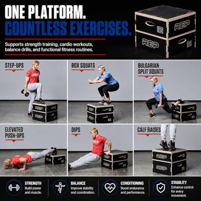 Rep Wooden Plyo Box | Stackable Jump Platforms for Home Gym Workouts | Multiple Height Options from 4, 6.8 and 12" Exercise Step Up Boxes for CrossFit & Plyometric Training | Durable Fitness Equipment