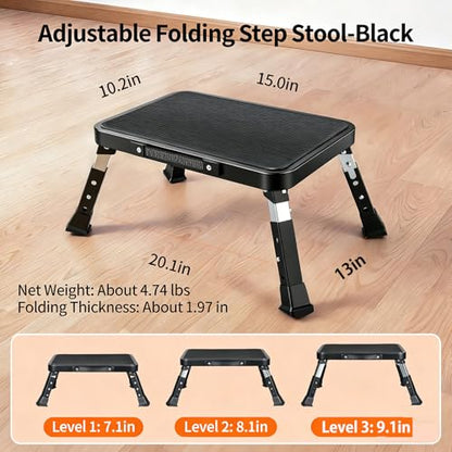 Foldable RV Step Stool, Adjustable Height 6.7-9.1in,Heavy Duty Metal Step Ladder with Wide Non-Slip Platform, Portable for Camping Home Office Use,Single Step Stool Supports 500lbs（Black）