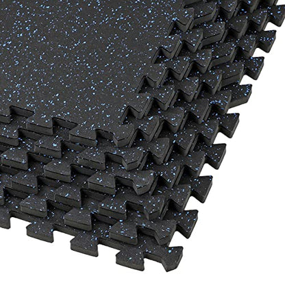 1/2" Thick 48 sq ft (12 Tiles) Interlocking Rubber Top EVA Foam Exercise Mat | Home Gym Mats Workout Flooring Tiles for Gyms, Fitness Rooms | Durable Grip Protective Flooring, Black/Blue