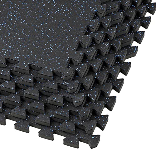 1/2" Thick 48 sq ft (12 Tiles) Interlocking Rubber Top EVA Foam Exercise Mat | Home Gym Mats Workout Flooring Tiles for Gyms, Fitness Rooms | Durable Grip Protective Flooring, Black/Blue