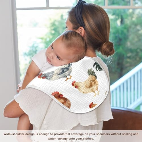 Hen and Rooster Muslin Burp Cloths 1 Pack - Extra Large 22"x11", 4-Layer Soft Absorbent Cotton, Waterproof Backing, Baby Drool Rags for Newborn