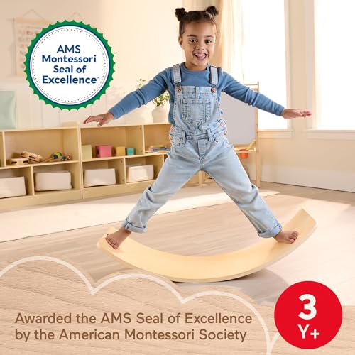Fisher-Price Wood Montessori Toy Rockin' Balance Board, American Montessori Society Seal of Excellence, 31.7-Inch Wooden Motor Skills Learning Activity for Kids Ages 3+ Years (Amazon Exclusive)