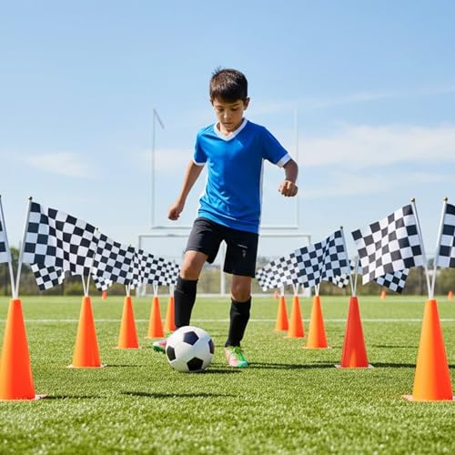 Bekith 12 Pack 12.5 Inch Plastic Traffic Cones with Racing Chequered Flags, Orange Agility Sports Cones, Thick Soccer Training Cones for Outdoor Activity, Festive Events, Fitness Training