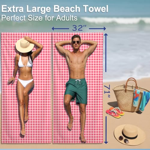 Microfiber Beach Towel Sand Free Quick Dry Oversized Pink and White Gingham Pattern for Adults Travel Pool Swim Retro Aesthetic Lightweight Compact 71 x 32 Inches 1 Pcs - color: Plaid