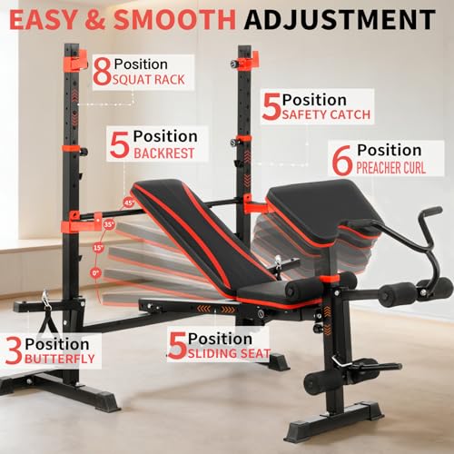 1500LB 8 IN 1 Olympic Weight Bench with Lat Pulldown and Leg Extension/Curl, Foldable Bench Press with Preacher Curl & Squat Rack, Workout Benches with Safety Bar Catches for Home Gym(US Stock) - color: red dark