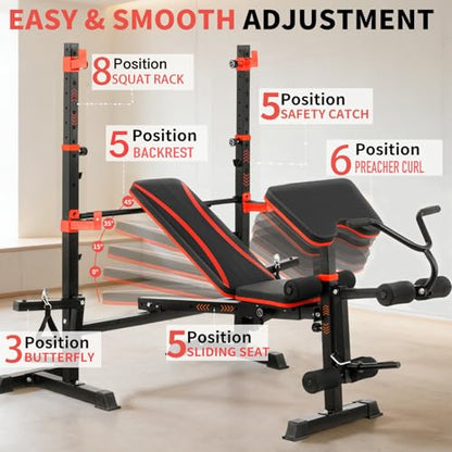 1500LB 8 IN 1 Olympic Weight Bench with Lat Pulldown and Leg Extension/Curl, Foldable Bench Press with Preacher Curl & Squat Rack, Workout Benches with Safety Bar Catches for Home Gym(US Stock) - color: red dark