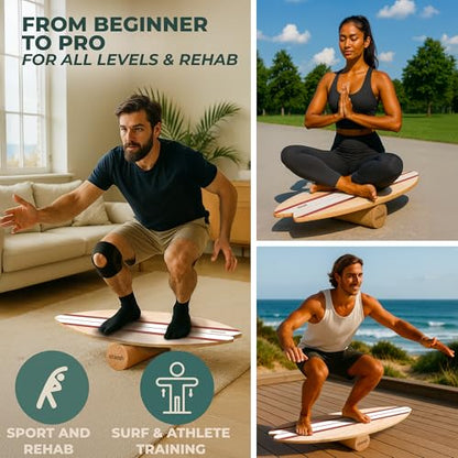 STAASH® Balance Board Full Kit – Premium Birch Wood Trainer with Cork Roller, Balance Disc, Massage Ball & Anti-Slip Mat – Core Strength, Surf, Snowboard & Rehab Training – All-In-One Set