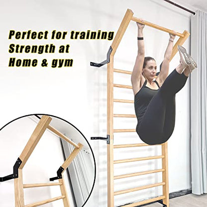 Swedish Ladder,Gymnastics Stall Bar, Wall Mounted Pull Up Bar- Solid Wood With11 Strategic Rods-86.6 Inches Height, 32 Inches Width, Indoor Gym Workout Yoga