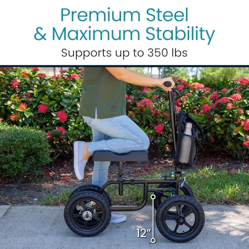 Vive Mobility All Terrain Knee Scooter Walker for Foot Injuries - Adult Broken Leg Crutch Cart Roller for Surgery, Broken Foot, Ankle Injury - Kneeling Rolling Steerable Seated Wheel Scooter Aid - color: Black